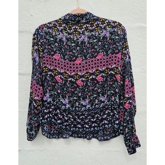Josie Natori Pajama Top Womens Small Black Pink Floral Button Up Blouse Flowy - Picture 4 of 9